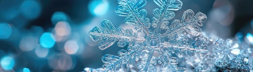 Poster - Delicate snowflake resting on shimmering surface, creating a winter wonderland atmosphere filled with sparkling blue hues.