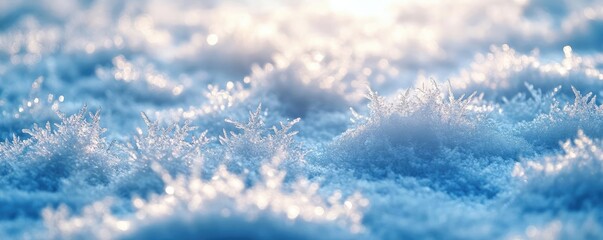 Poster - A close-up view of delicate snowflakes covering the ground, sparkling under soft sunlight, creating a serene winter landscape.