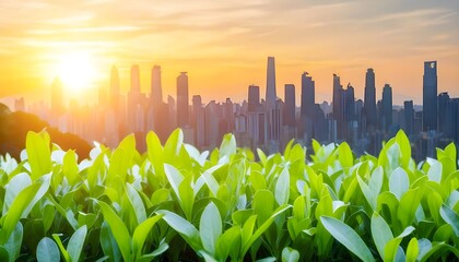 Sunrise over a vibrant green landscape featuring wind turbines alongside a modern city skyline, highlighting the harmony between nature and technology.