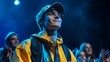 © Matthew - A young person smiles on stage, surrounded by a cheering audience, illuminated by blue stage lights.