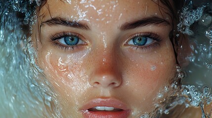 Wall Mural - Close-Up Portrait of a Woman's Face Emerging from Water