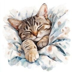 Poster - A cozy cat sleeping peacefully on a soft bedspread with a serene white background in the afternoon light. Generative AI