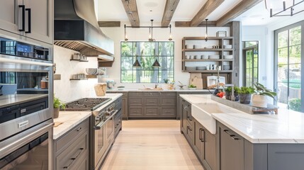 An image of an elegant and modern gourmet kitchen that epitomizes a chef-worthy space. Visualize a kitchen with a range of quality cookware