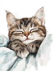 Aufkleber - A cozy cat sleeping peacefully on a soft bedspread with a white background during a quiet afternoon. Generative AI