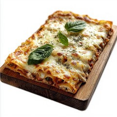 Lasagna on a wooden tray, isolated on a white background, offering a rustic and inviting presentation.