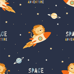 Wall Mural - Cute seamless vector pattern. Cute lion flying on a rocket to space, stars, lettering space adventure. Vector illustration