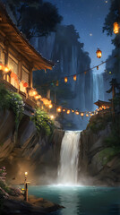 Wall Mural - waterfall in the night with lanterns and lanterns hanging over it