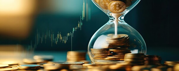 Poster - An hourglass filled with coins symbolizes the passage of time and investment growth in finance.