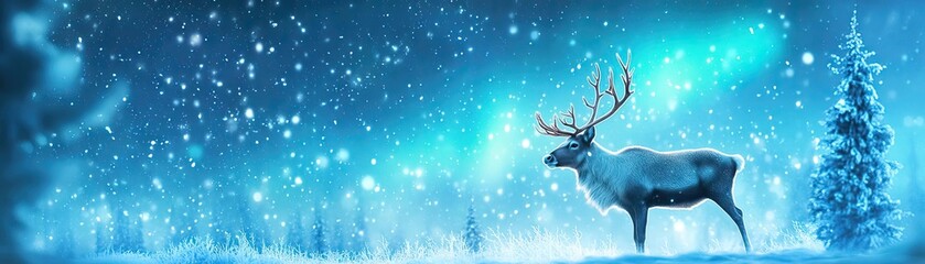 Aufkleber - A majestic reindeer stands in a snowy landscape, illuminated by the northern lights, creating a serene winter scene.