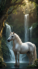 Wall Mural - a white horse standing in front of a waterfall