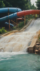 Wall Mural - a water slide going down a hill with a river running under it