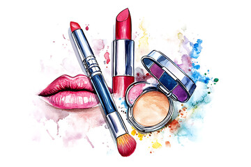 Makeup products for women. Colored hand drawn illustrations of different cosmetic accessories.