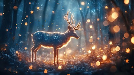 Poster - A magical deer stands in a mystical forest, surrounded by shimmering lights and glowing particles, evoking a sense of wonder.