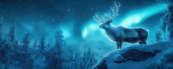 Poster - Majestic deer standing amidst a snowy landscape illuminated by the northern lights, creating a serene and magical atmosphere.