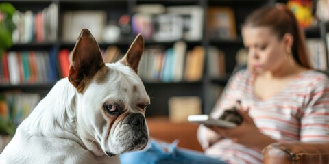 Canvas Print - A white bulldog with brown ears sits in the foreground. A person is sitting behind the dog looking at a phone. AI.