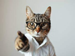 Canvas Print - A cat wearing glasses and a shirt points a finger at the camera. AI.