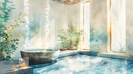 Wall Mural - A drawing of a bathroom with a large bathtub and a window. Scene is calm and relaxing