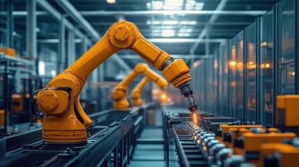 Poster - industrial robotic arm in action. robotic arm engaged in automated tasks within a factory. the image