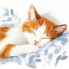 Aufkleber - A peaceful orange and white cat sleeping comfortably on a soft bedspread with floral patterns in a cozy setting. Generative AI