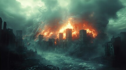 Poster - Apocalyptic Cityscape: Burning Architecture and Dark Skies