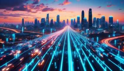 Wall Mural - Futuristic city skyline with autonomous vehicle highway and digital network overlays showcasing seamless integration of AI technology in smart transportation systems