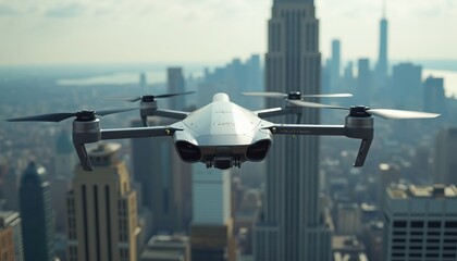 Drone in flight above a bustling city skyline. This aerial photography captures modern technology against an urban backdrop.