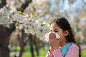 Young caucasian girl with handkerchief covers nose. She sneezes amidst blooming cherry and plum trees in a park. The blurred background highlights her facial expression and allergy symptoms.