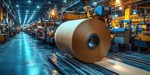 Poster - large roll of cardboard is seen in an industrial factory, showcasing modern manufacturing processes 