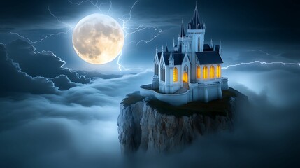 Wall Mural - Experience an enchanting aerial view of a Gothic castle perched on a rocky outcrop, illuminated against a dramatic night sky filled with clouds and lightning. gothic halloween moon detail