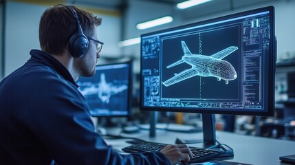 Poster - Aircraft Engineering and Analysis in Modern Workspace. Engineers focus on advanced aircraft analysis using cutting-edge technology in a modern workspace, highlighting innovation and design processes.