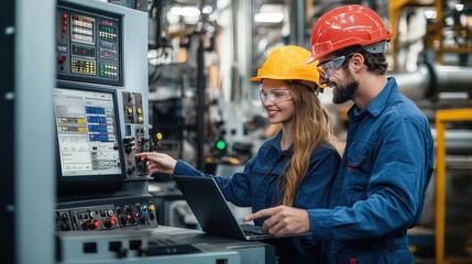 Poster - Male and Female Technicians Working Together in Factory. Male and female technician collaborate in a factory setting, ensuring efficient operation of equipment while prioritizing safety and teamwork.