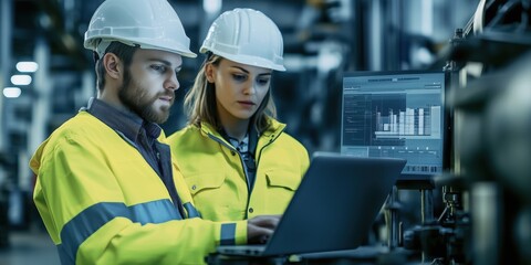 Poster - two workers in high visibility jackets collaborate on a laptop in an industrial setting, emphasizing