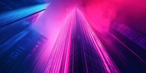 Silhouette of a modern skyscraper with vibrant neon colors, in a synthwave setting.