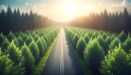 Wall Mural - Sunlit aerial view of a straight forest road, highlighting a clear and sustainable pathway aligned with environmental, social, and governance principles