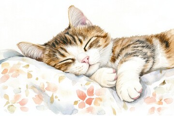 Aufkleber - A peaceful cat sleeping soundly on a bedspread with a white background during a quiet afternoon. Generative AI