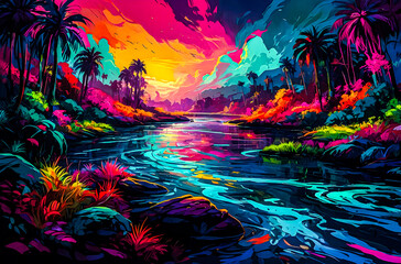 Wall Mural - neon jungle rivers glowing under a swirling sky of vibrant oil-painted colors watercolor vector pain