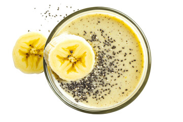 Poster - Banana smoothie with a slice of banana on the rim and a sprinkle of chia seeds ,Isolated on transparent background