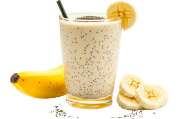 Poster - Banana smoothie with a slice of banana on the rim and a sprinkle of chia seeds ,Isolated on transparent background