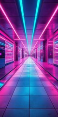 Poster - A neon colored hallway with blue and pink lights