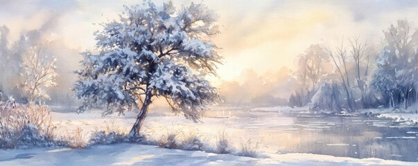 Wall Mural - A serene winter landscape featuring a snow-covered tree beside a tranquil river under a soft, pastel sky.