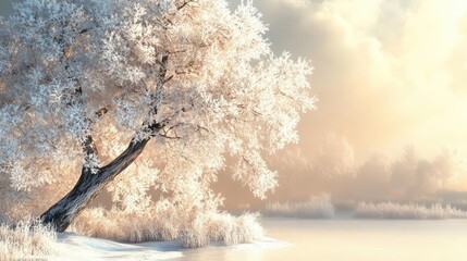 Poster - A serene winter landscape featuring a frosty tree beside a tranquil water body, capturing the beauty of nature's chill.