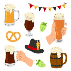 Beer. Different variations beer drink. Set illustrations for beer festival, background, flyer, invitations. Oktoberfest. Glass beer. Flat illustration on white background.