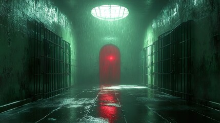 Canvas Print - Dark Prison Corridor with Red Door and Rain