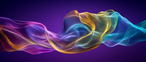 Poster - Colorful wisps of translucent fabric flow gracefully against a deep purple backdrop, showcasing soft curves and dynamic movement