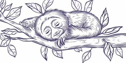 A cute sloth is sleeping on a tree branch. The image has a calm and peaceful mood, as the sloth is resting and not in any danger