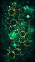 Poster - Abstract technology graphic featuring interconnected hexagons and glowing elements in green against a dark background