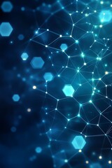 Poster - abstract blue network design featuring interconnected nodes and hexagons illustrating digital techno