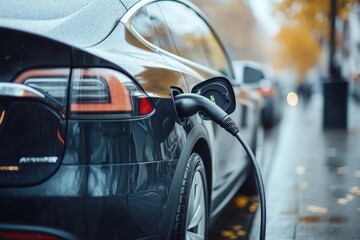 Close-up of electric car charging, ecology transportation conept, Generative AI