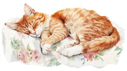 Poster - A peaceful, sleeping cat rests on a colorful bedspread, charmingly nestled against a white background. Generative AI
