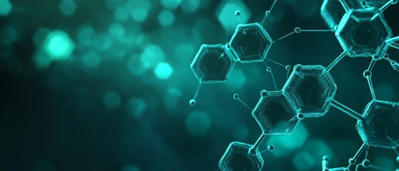 Poster - Abstract representation of molecular structures with glowing hexagonal shapes on a dark background in a futuristic style